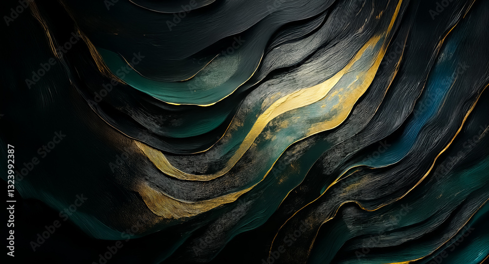 Poster Elegant abstract background with wavy lines in shades of black, green, and gold.  The fluid art style creates a luxurious and sophisticated marble-like texture.
