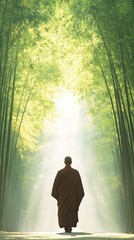 Tranquil Passage: A solitary figure, shrouded in serenity, walks along a sun-drenched bamboo path. It's a journey of peacefulness