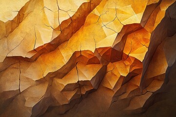 Abstract art depicting a cracked, golden-brown rock formation with a textured, polygonal surface.