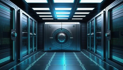 Endpoint protection threat prevention concept. A futuristic vault interior featuring glowing blue accents and secure storage units, suggesting a high-tech environment.
