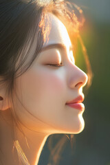 Fototapeta premium Close-up of a young Asian woman with radiant skin, closed eyes, and soft sunlight on her face, capturing beauty and tranquility.