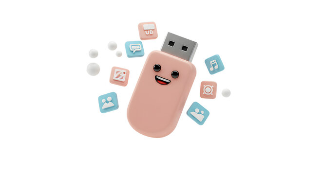 Cute USB Flash Drive with Smiling Face and App Icons Floating around it