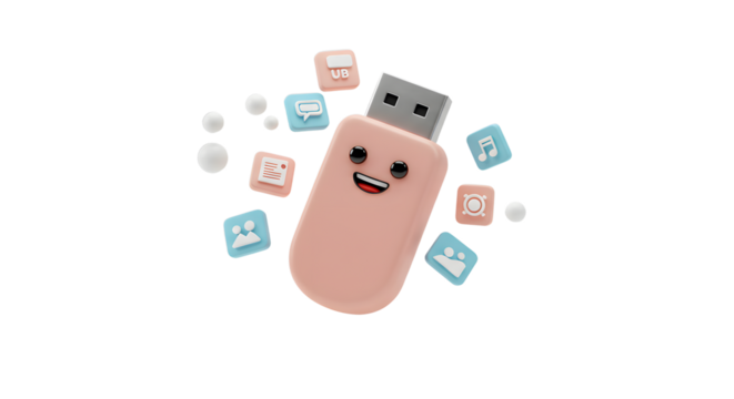Cute USB Flash Drive with Smiling Face and App Icons Floating around it