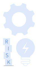 Gear for process optimization, light bulb with bolt for innovation, stacked blocks spelling RISK for challenges. Ideal for strategy, innovation, risk management, problem-solving, analytics, teamwork
