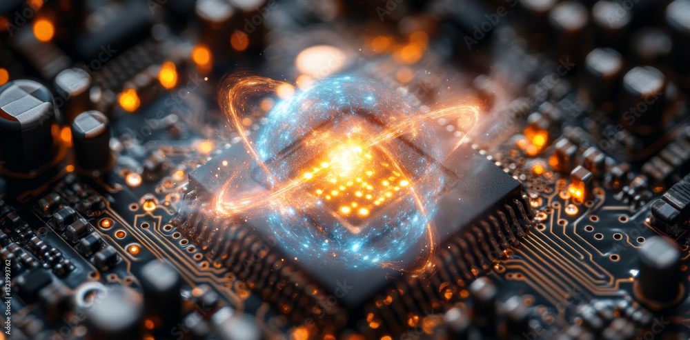 Fototapete A vivid display of quantum computing principles is depicted, showcasing a circuit board with glowing qubits in superposition and entanglement, illustrating complex algorithms in action.