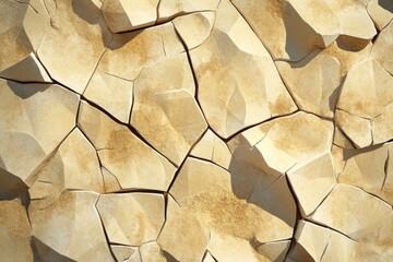 Cracked, beige stone surface texture with sharp edges and crevices, abstract background.