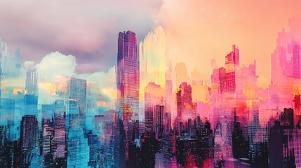Fototapeta premium A dreamlike landscape where buildings melt into the sky, blending colors in a painterly glitch effect
