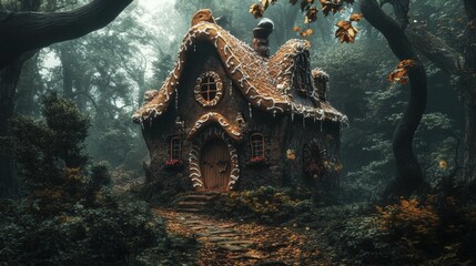 Obraz premium A fairytale gingerbread house, looking sweet and inviting in the middle of a gloomy, shadowed woodland