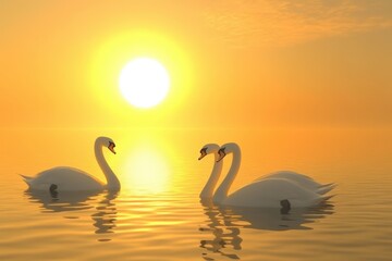 Fototapeta premium Swans gracefully swimming at sunset over a tranquil lake scene