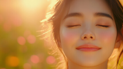 Close-up of a young Asian woman with radiant skin, closed eyes, and soft sunlight on her face, capturing beauty and tranquility.

