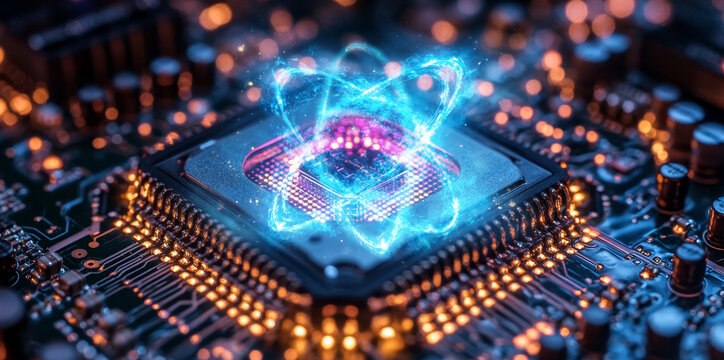 A detailed view of a quantum chip illustrating the concepts of qubits and superposition.
