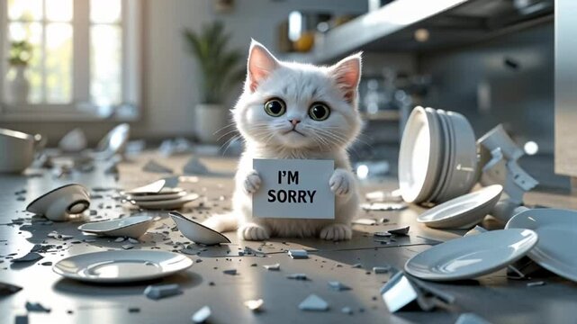 cute guilty kitten in the kitchen among broken dishes with a sign saying i'm sorry