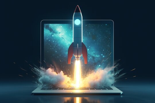 Cyberpunk-inspired laptop interface with rocket launch effect, glowing blue and red explosion particles in dark abstract space, ultra-sharp hyper-realistic visualization for motion graphics or VR game