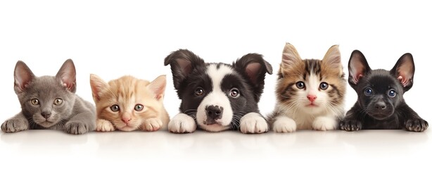 Whimsical dogs and cats with exaggerated eyes peeking over striped banner edge on minimalist white background, vector-style PNG cutout for children's book illustrations or pet adoption campaign materi