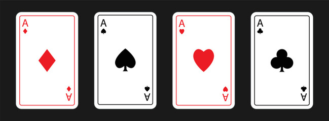 Playing card set. Four aces icon. Poker cards suits. Hearts, diamonds, clubs, spades ace. Las Vegas Casino gambling concept. Winning poker hand. Simple flat design. Isolated. Black background. Vector