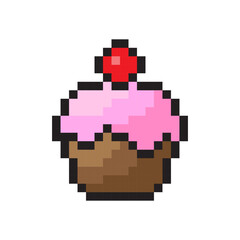 Obraz premium Cupcake vector icon. Pixel art design. Pink frosting cherry. Brown cake base.