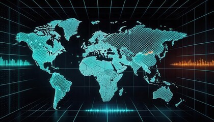 Endpoint protection threat prevention concept. A digital world map displayed in a futuristic style, featuring gridlines and glowing elements, symbolizing global connectivity and technology.