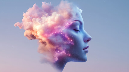 A high-definition digital rendering capturing the beauty of a futuristic human face, gently infused