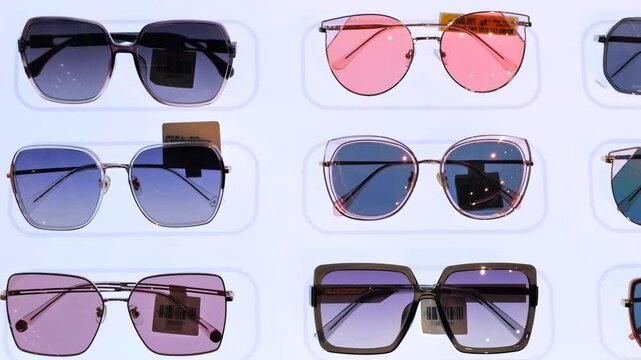 Multiple pairs of sunglasses with various frame shapes and lens colors are neatly arranged on a white wall, creating a visually appealing and organized presentation. Sunscreen glasses concept in store