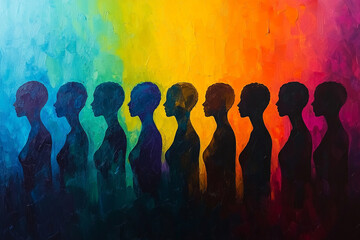 . The background should be a subtle, smooth color to enhance the vibrant, colorful silhouettes while avoiding any human body details. 