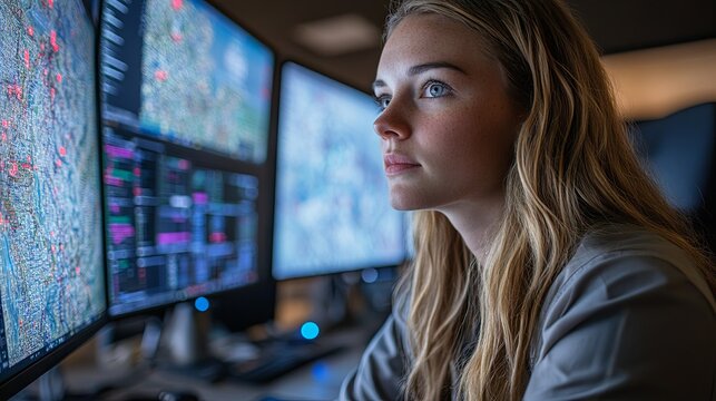 A woman in a cyber operations center, intently analyzing digital data across multiple screens, with map visualizations, embodying the concept of cyber security expertise