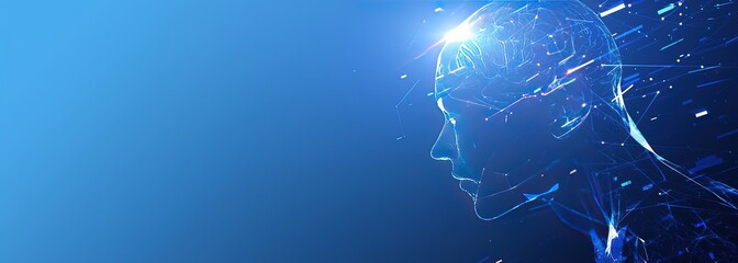 Abstract futuristic human head with glowing digital neural network and circuit patterns on blue background. Artificial intelligence technology concept with dynamic lines, data flow visualization, and 