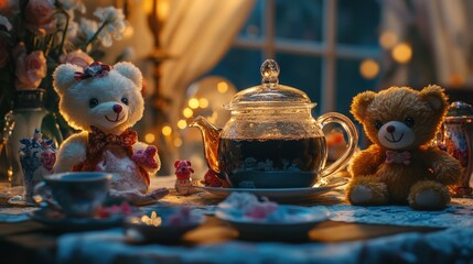 A lovely tea party with stuffed animals, but the tea is black and thick like ink