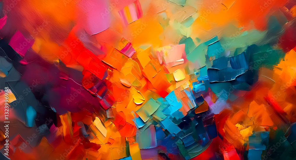 Fototapete Colorful abstract artwork with textured brushstrokes. Dynamic composition with warm and cool color mix creates visual interest.