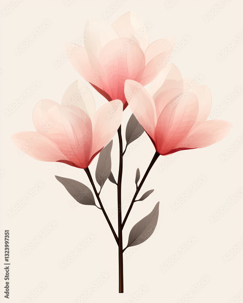 Poster a refined digital scene capturing the serene emergence of an early spring magnolia bud in soft pink