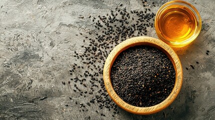 Top View Black Sesame Oil in Wooden Bowl: Asian-Inspired Flat Lay with Black Sesame Seeds, Blank Background, Warm Light
