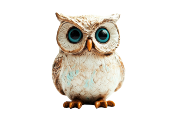 Charming decorative owl figurine with large blue eyes sitting against a neutral background isolated on transparent background