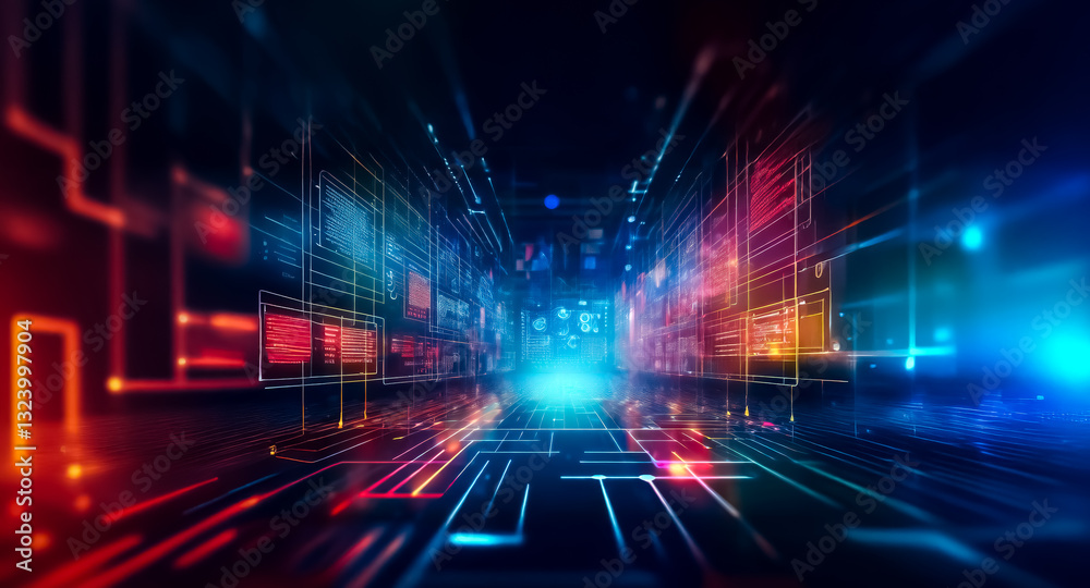Poster A vibrant and abstract digital space featuring glowing light streaks creates a futuristic and dynamic perspective. Illuminated lines and motion blur convey depth and a sense of speed.