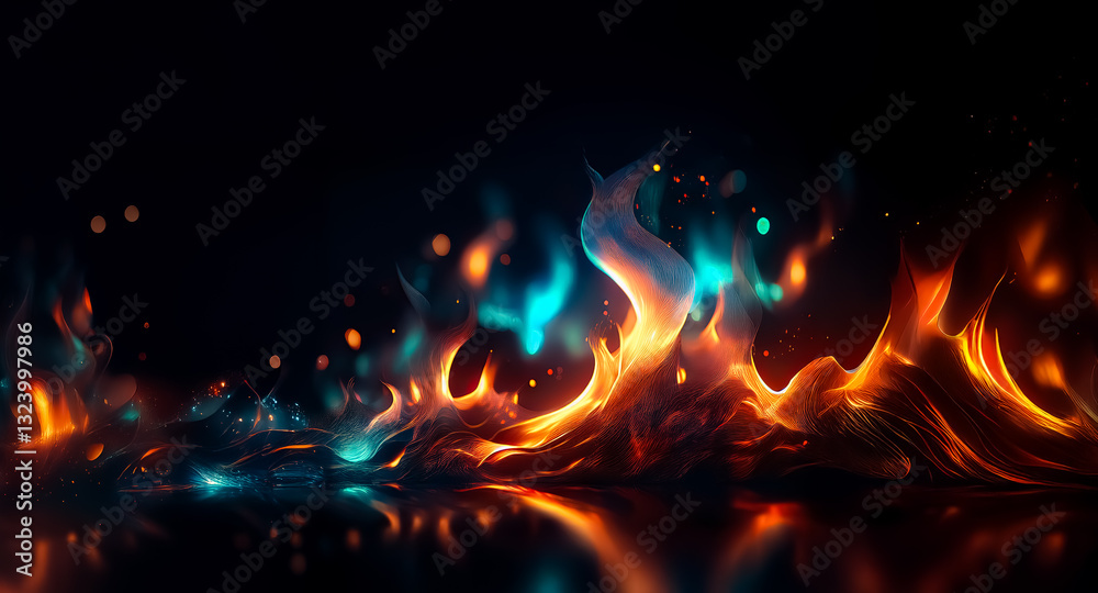 Poster vibrant flames dance against a dark backdrop, showcasing a blend of orange and blue hues with a shim