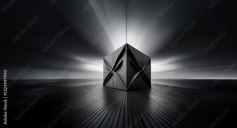 Leinwandbilder Dramatic monochrome image of a cube-like form centrally placed, illuminated by bright rays, on a structured surface against a dark background.