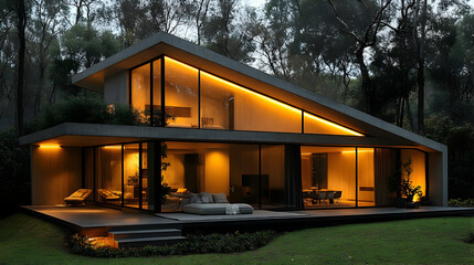 Obraz premium Modern house at night, warm lighting