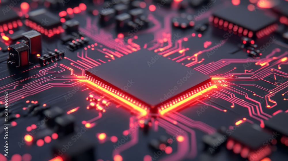 Leinwandbilder Hyperreal close-up of integrated circuits illuminated by neon glows, emphasizing fine details that