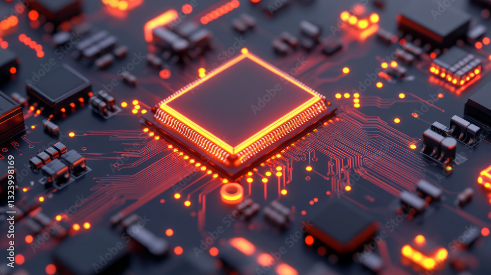 Aufkleber Hyperreal close-up of integrated circuits illuminated by neon glows, emphasizing fine details that