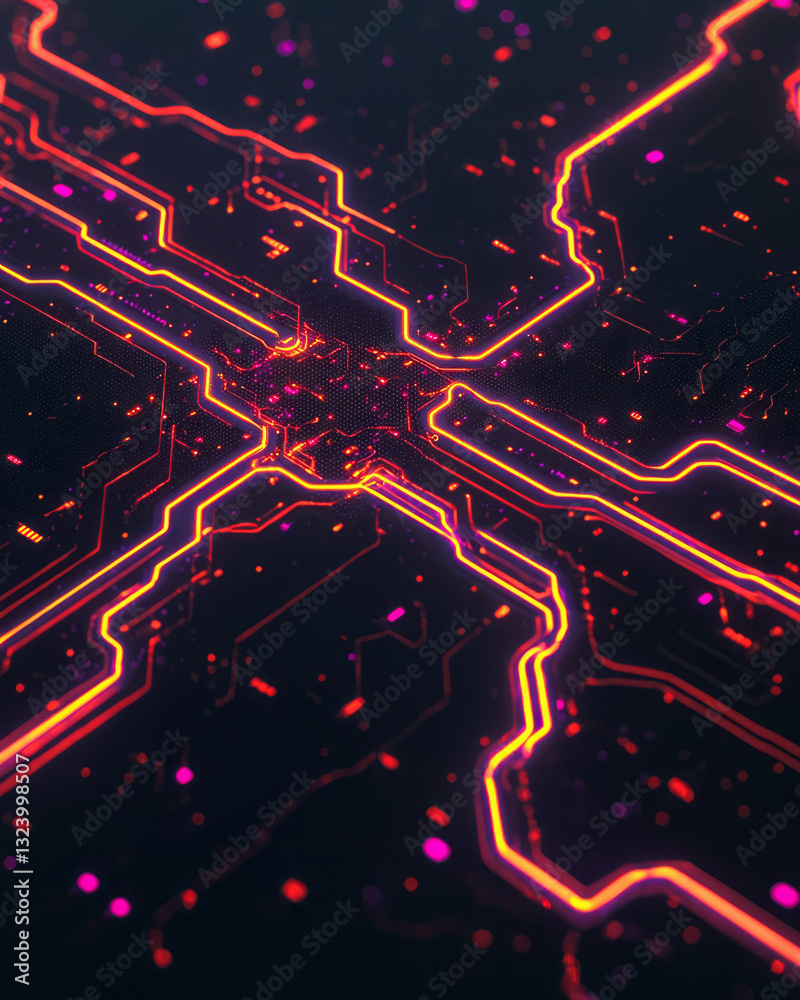 Poster a visionary futuristic illustration highlighting vibrant neon circuitry and luminous data pathways