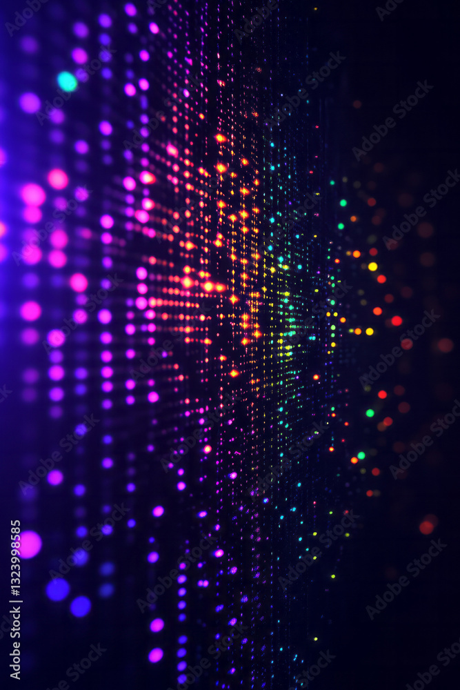 Poster minimal digital mosaic where vibrant streams of ai data interlace with subtle geometric patterns,