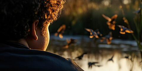 Person Observing Birds in Flight at Sunset