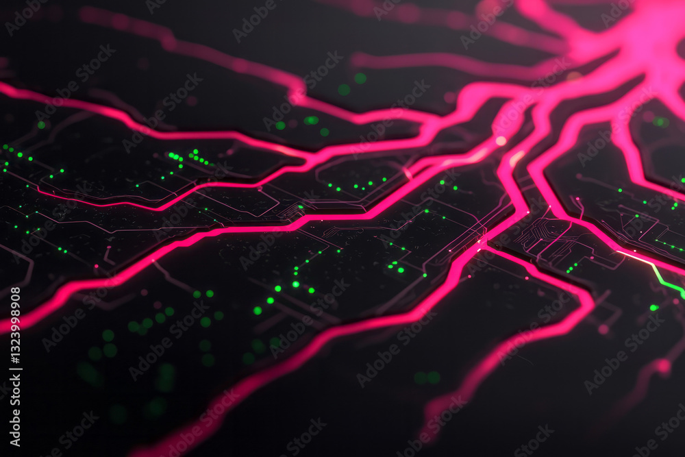 Poster a sleek digital composition showcasing vibrant glowing circuitry patterns dynamically