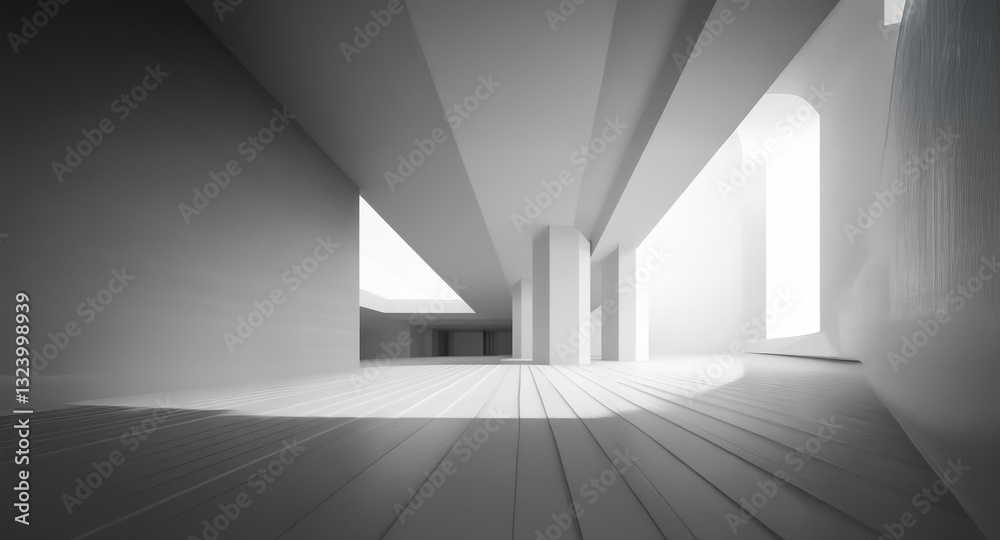 Poster white architectural space with beams and pillars. bright light floods the area, creating strong shad