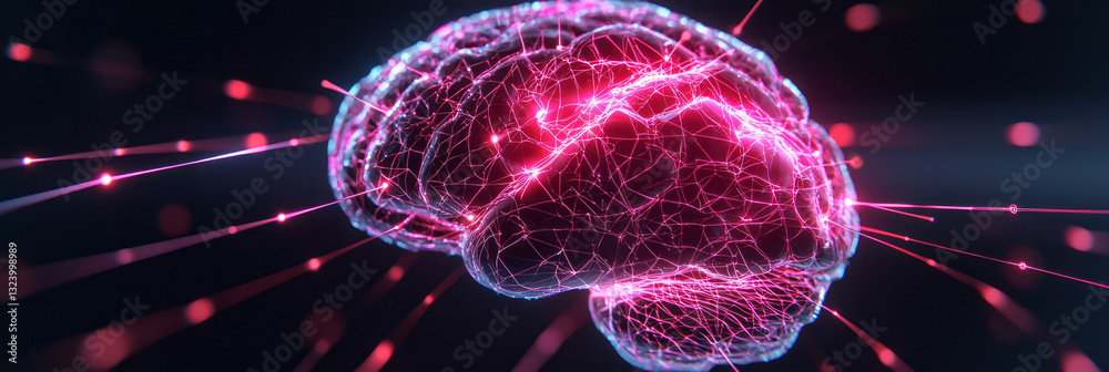 Poster a visionary digital illustration featuring an intricate, futuristic neural network illuminated by