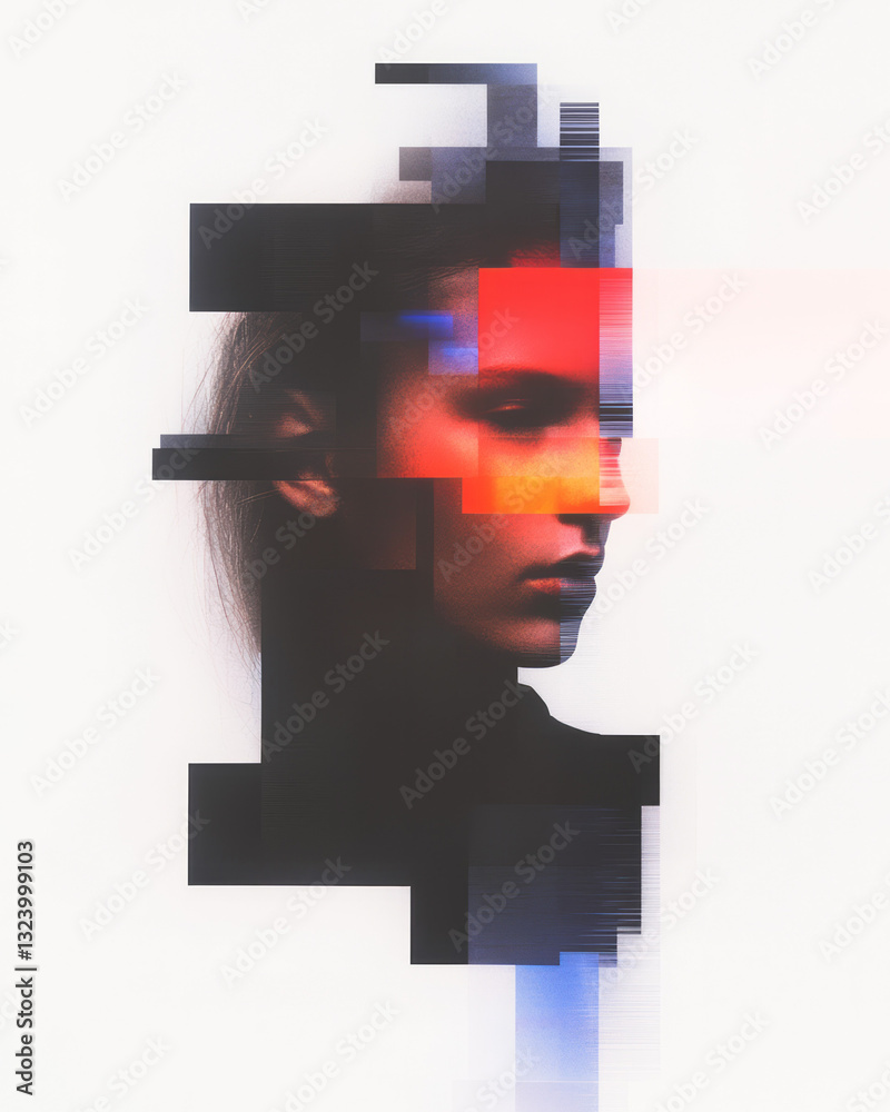 Poster glitch-inspired collage of fragmented digital grid segments pulsing in neon colors, interlaced with