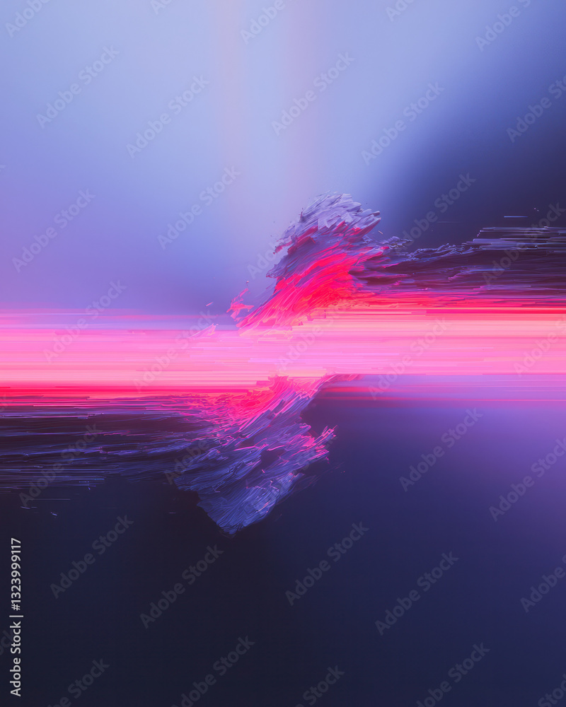 Poster glitch-inspired collage of fragmented digital grid segments pulsing in neon colors, interlaced with