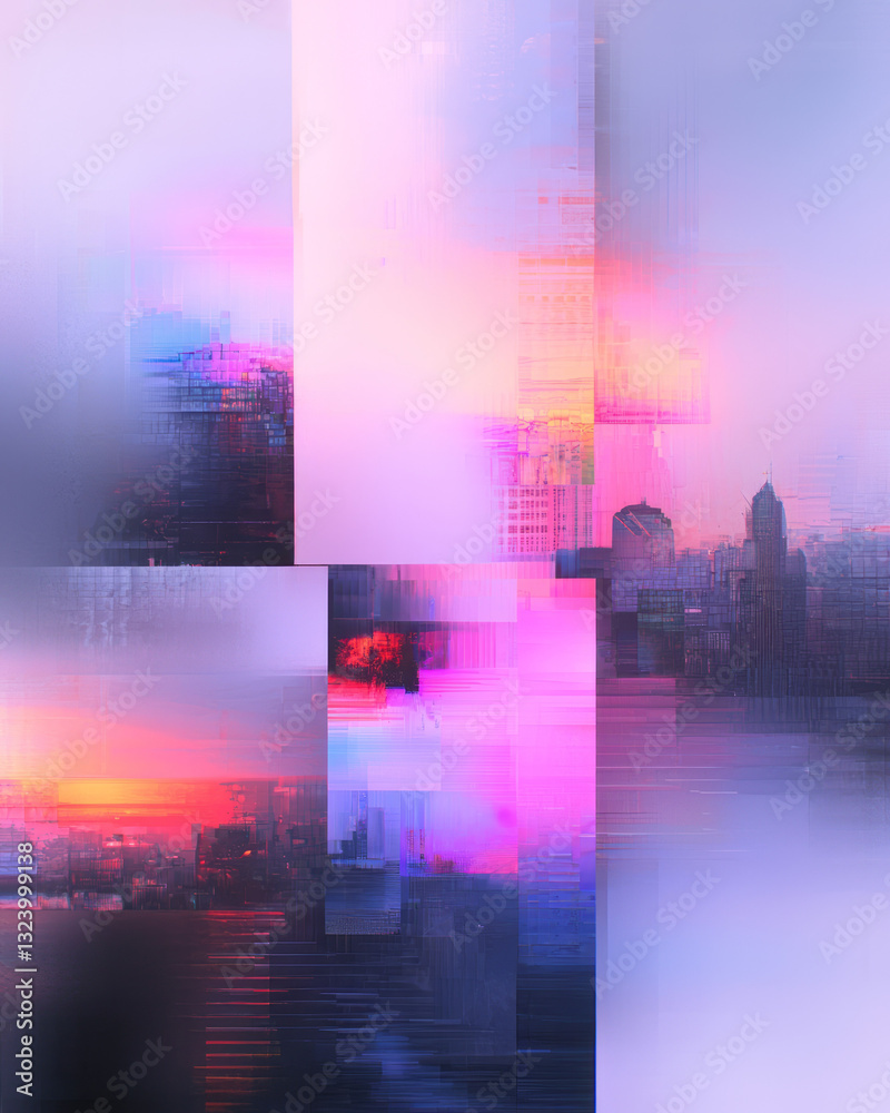 Aufkleber glitch-inspired collage of fragmented digital grid segments pulsing in neon colors, interlaced with