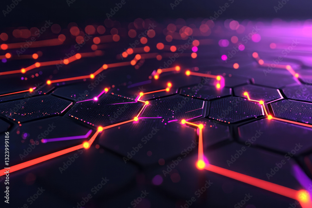 Poster poetic abstract illustration of a pulsating network grid, with luminous digital beams and shifting