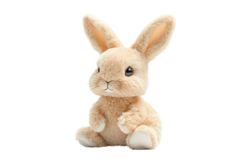 A fluffy beige bunny plush toy sitting quietly on a soft white background during daylight isolated on transparent background