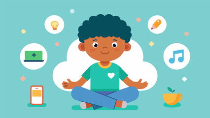 An app featuring interactive games and challenges that teach kids how to practice mindfulness through everyday tasks like eating walking and playing.. Vector illustration