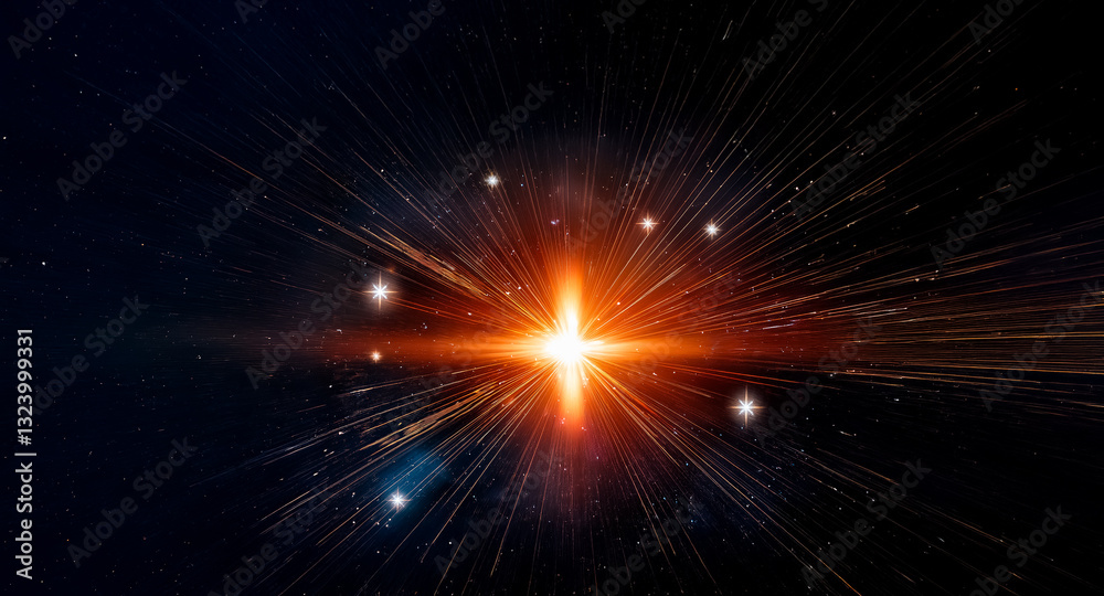 Poster A brilliant burst of energy illuminates the void, sending streaks of light into the starlit cosmic space.